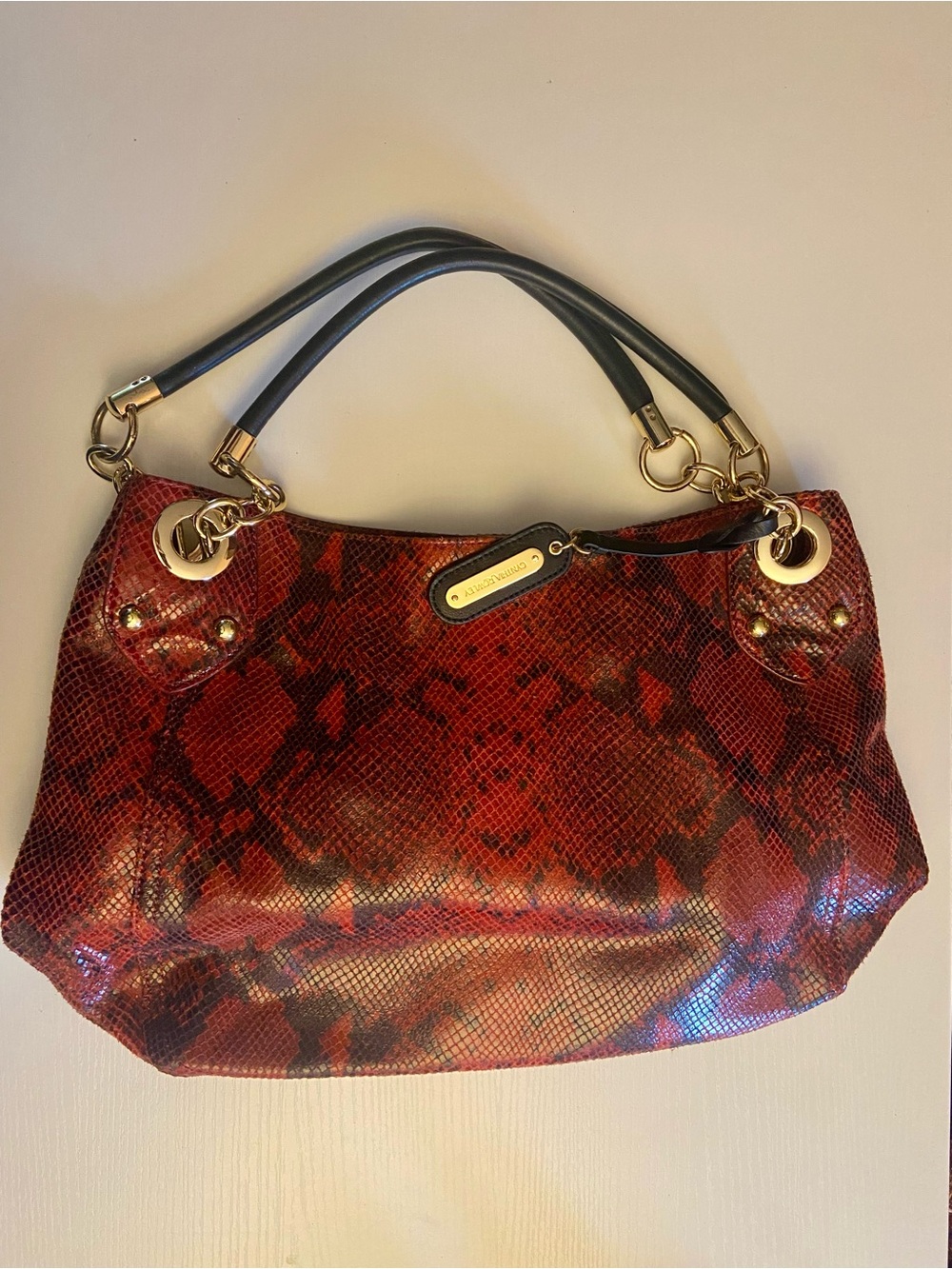 Cynthia Rowley red python print bag with gold tone hardware (mint condition)